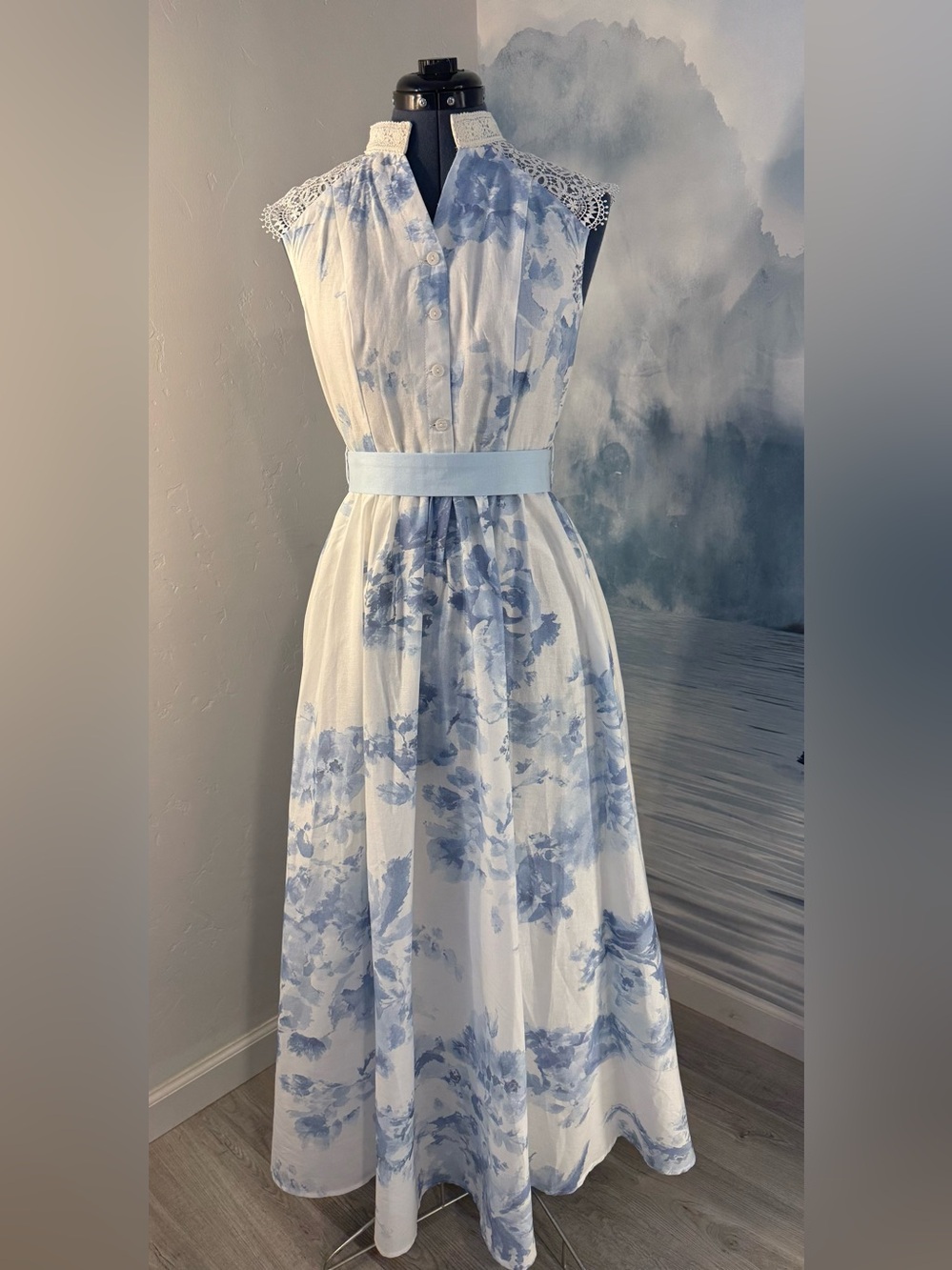 Light Blue Floral Lace-Shoulder Maxi Dress with Belt #409